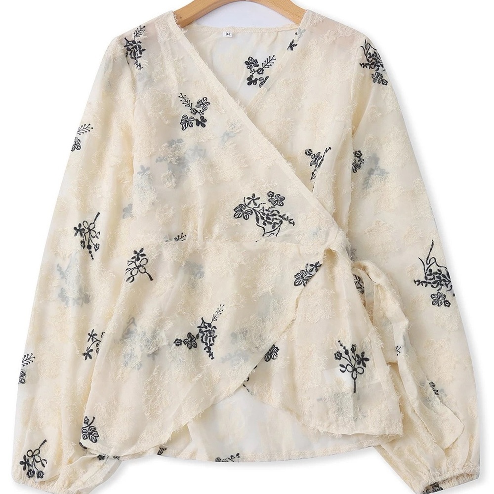 Floral Wrap Cream Top Floral Print Tie Back Lantern Sleeve Blouse Top Shirt